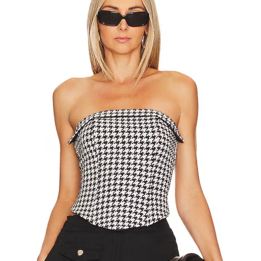 New Ayda Corset Top in White Multi tweed strapless revolve black white